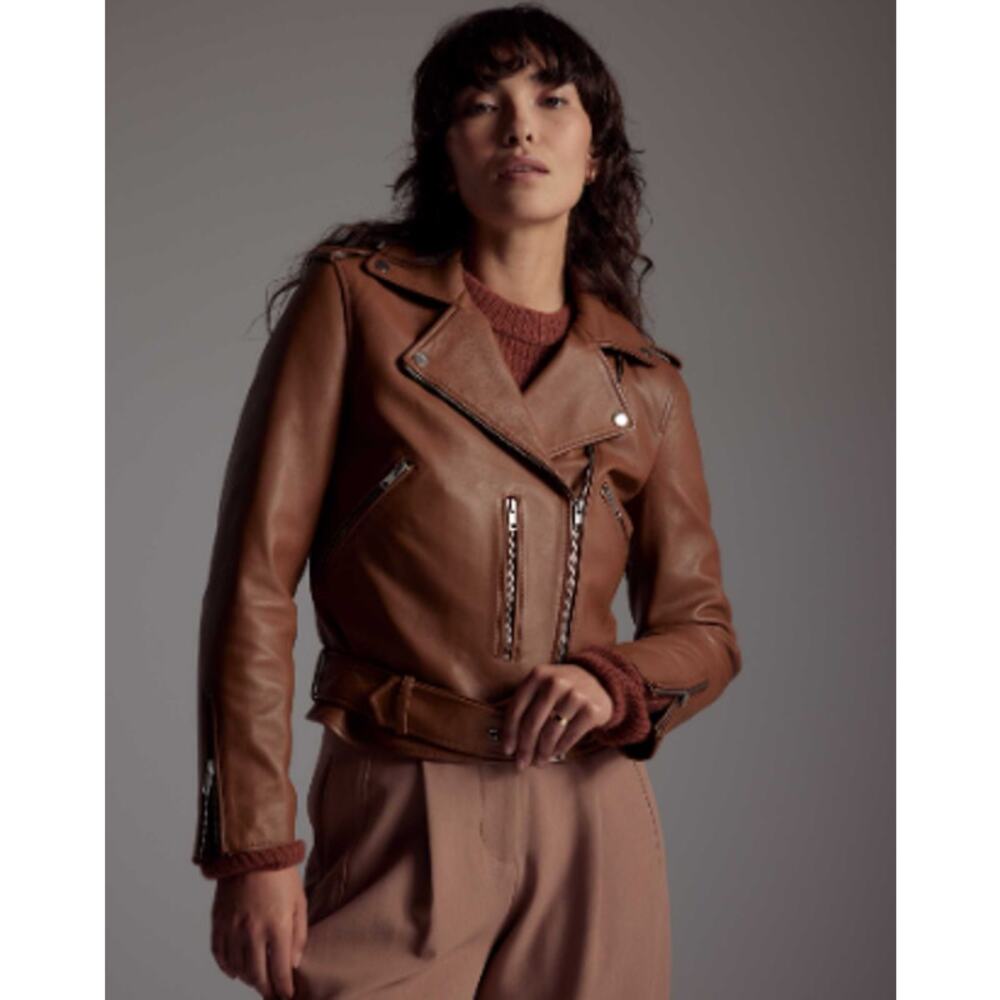 Quince XS Brown Sheep Leather Moto Biker Jacket Boho Casual Western Full Zip
